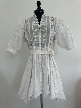 Free People White Cotton Lace Mini Dress with Tie Waist